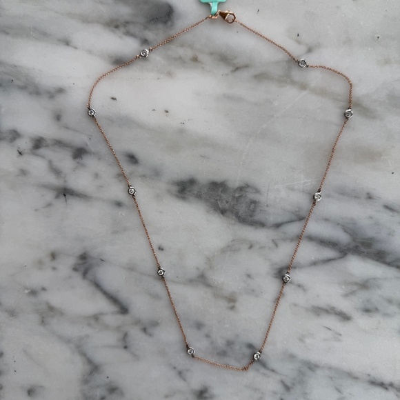 14k solid rose/white gold, 1/2ctw lab created diamond, station necklace- 18"